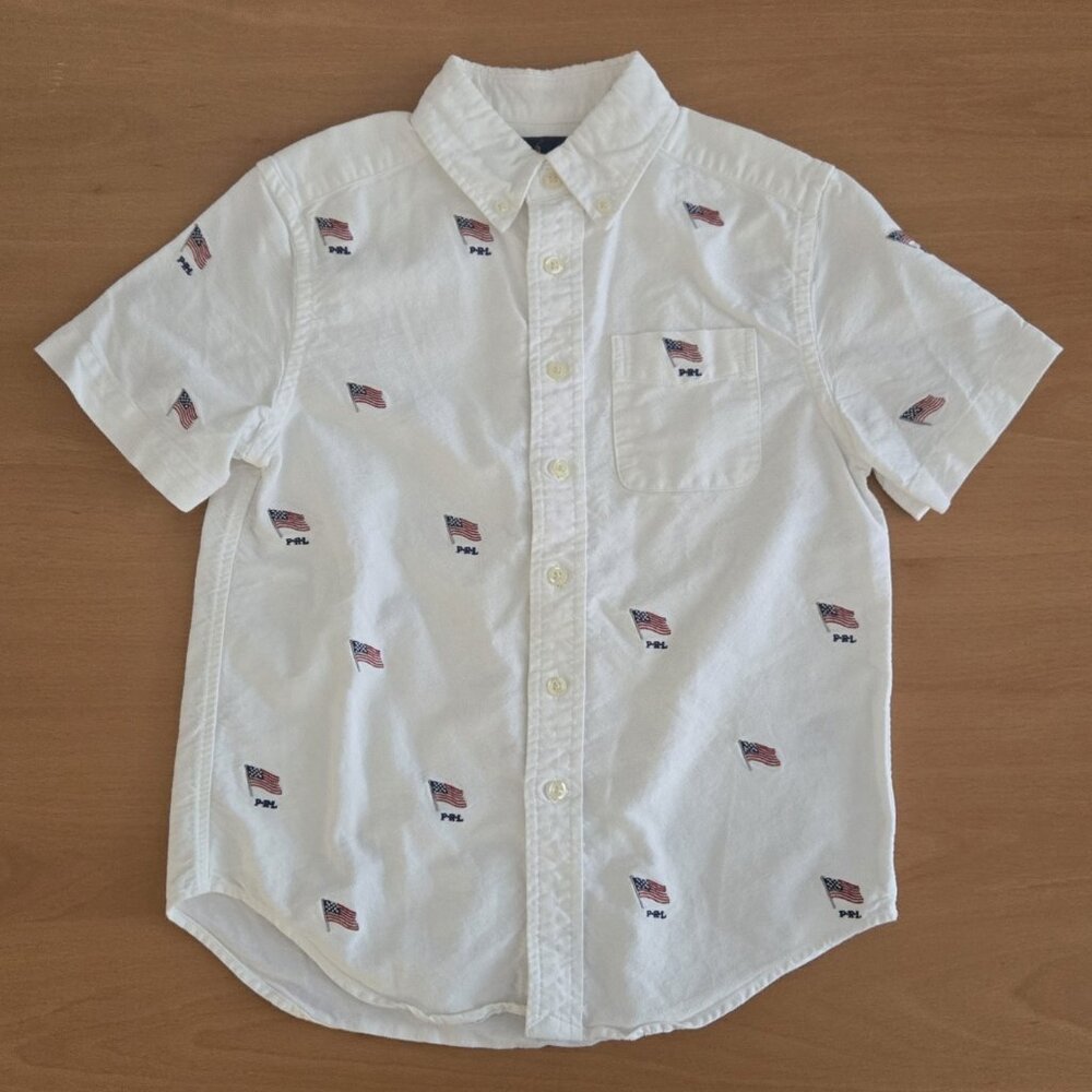 POLO RALPH LAUREN SHORT SLEEVE OXFORD DRESS SHIRT BOY - AMERICAN FLAGS - SIZE 8